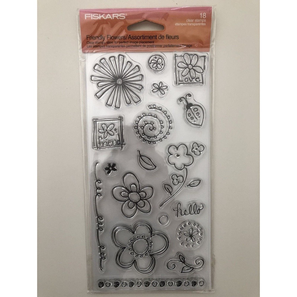 FISKARS Clear Stamps Friendly Flowers Borders Leaves Ladybug Phrases